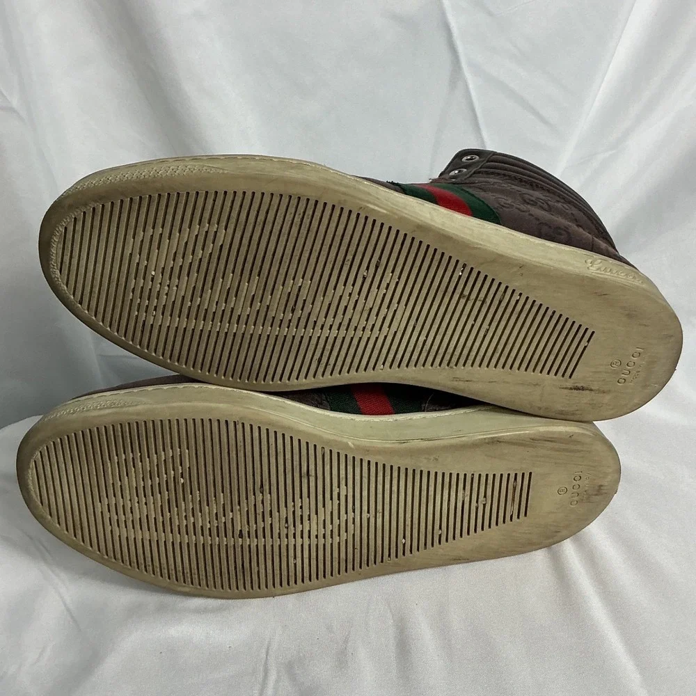 Gucci Brown GG Supreme Monogram Web Stripe High Top Sneakers 221825 Size 4.5G